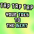 Pixelated text repeats 'TAP TAP TAP YOUR TOES TO THE BEAT' across a green-yellow gradient background with cyan and black lettering.