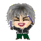 Pixelated character with gray hair holds purple batons, wearing black jacket and green pants in two expressions: one winking with closed eyes and open mouth, the other blinking with wide eyes.