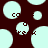 Pixelated light cyan circles on dark brown background with small black pixel clusters resembling eyes and mouths in some circles.
