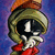 Animated character with large black eyes, olive-green hooded head, red scarf, and orange top, set against purple-blue background.