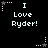 Black background with white pixelated text "I Love Ryder!" and animated star-and-dot patterns in gray and white.