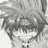 Pixelated grayscale anime-style character with spiky hair and closed eyes on left, black background with white text on right.