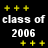 A contact sheet showing two animated frames of a pixelated buddy icon with yellow plus signs and text reading "class of 2006" in white and yellow on black background.