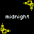 Yellow pixelated square shapes rotate clockwise on a black background with white 'midnight' text below.