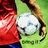 A soccer player in a red jersey and blue shorts kicks a white ball on green grass, with text overlays appearing sequentially.