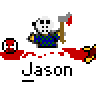 Pixel art animation of a skull character holding an axe, with red splatters and a red-and-white ball, under the name 'Jason' on a gray background.