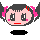 Pixelated cartoon character with pink cheeks, dark hair, and pink side accessories in multiple expressions including open eyes, closed eyes, and winking.