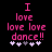 Pixelated pink text "I love love love dance!!" with white and gray stars on black background, showing star animation