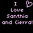 Pixelated text in light purple on black background reads "I Love Santhia and Cierro!" with a heart symbol replacing the 'O' in Love.