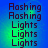 Blue background with green glow effect, displaying stacked text 'Rashing' and 'Lights' in dark purple font.