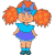 A 3x3 contact sheet of an animated AIM buddy icon featuring a cartoon girl with orange pigtails, blue top, purple skirt, and teal shoes in various poses across eight sampled frames.