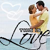 A static image shows a couple embracing on a beach with a heart-shaped cloud in the sky and stylized text reading "THIS IS LOVE".