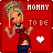 Pixel art contact sheet showing two animated frames of a cartoon woman in a red dress against a red background with text and heart symbols.