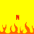 Yellow background with orange flames at the bottom and two red vertical bars above them.