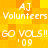 Pixelated orange and yellow background with repeated white text elements including 'AJ', 'Volunteers', 'GO VOLS!!', and ''09' in a pattern