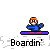 Pixelated character in blue outfit with orange accents performs actions on purple platform against gray background, text 'Boardin'' below.
