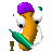 Pixelated character with orange body, purple hat, white eyes with black pupils, green prop, and brown object on gray background.