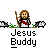 Pixel art of a bearded figure with brown hair holding a staff, wearing white robe with red sash, standing between two sheep on green grass against gray background.