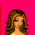 Pixelated icon set with three distinct sections on bright pink background: a woman's head, torso and jeans, and legs in high heels.