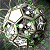 Pixelated grayscale image of a metallic robot with glowing eyes and chest, positioned against a dark background with green accents.
