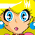 Pixelated cartoon character with blonde hair, blue eyes, and pink lips in two expressions: open mouth on left, winking smile on right.