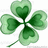 Green four-leaf clover with heart-shaped leaf centers on white background, surrounded by green pixelated text on black background.