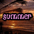 Pixelated text in pink with black outlines appears sequentially over a wooden background, reading 'summer', then 'it's almost here...', and finally '8 weeks'.