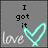 A static image with gray background, white 'love' text, cyan heart outline, and black text reading 'I got it from my MAMA 8.27.07<333'.