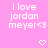 Pixelated text on pink background reads 'i love jordan meyer<3' with two heart symbols below, one solid and one outlined.