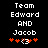 Pixelated text reads 'Team Edward AND Jacob' above four orange star icons and one white-and-brown icon on a black background.