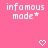 Pixelated text 'infamous mode*' in white on pink background with two heart symbols below.