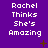 Purple background with white pixelated text "Rachel Thinks She's Amazing" repeated in a , featuring small brown star and cross symbols scattered across the image