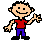 Pixelated cartoon character in red shirt and blue pants waves with one hand while the other hand remains at the side.
