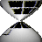 Pixelated hourglass icon with black sand-like sections and white central band on gray background.