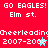 Red background with white pixelated text repeating 'GO EAGLES! GO EAGLES!' and 'Elm st.' above and below 'Cheerleading 2007-2008' lines, where a blue star alternates with a gray star in the year section.