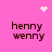 Pink background with four 'henny wenny' text blocks arranged in a , featuring pixelated white heart and starburst symbols at top corners
