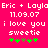 Pixelated text on bright pink background with green and brown star-like symbols, showing 'Eric + Layla' names, date '11.09.07', and affectionate phrases.