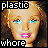 Pixelated image of a doll's face with text 'plastic' above and 'whore' below, displayed in two color variations.