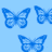 Three blue pixelated butterflies on a light blue background, each with distinct wing patterns and positions.