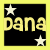 Two side-by-side pixelated images of a black square with yellow border, displaying the word 'dana' in large yellow letters and two white stars on a black background.