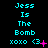 Cyan text "Jess Is The Bomb xoxo <3" on black background with pink accent changes across three of repeated text