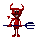Red devil character with horns, tail, and blue trident in six sequential poses showing head turn from left to right.