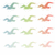 A grid of nine pixelated bird icons in blue, green, and red hues arranged in three rows with consistent wing positions.