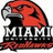Pixelated red parrot with white beak and black body perched above bold white text reading 'MIAMI' on black background.