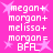 Pixelated pink background with white text and star shapes, displaying variations of 'megan+', 'morgan+', 'melissa+', 'morgon=' followed by 'BFA' in block letters.
