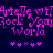 Pixelated text repeats 'Arteille Yomi Rock World' in magenta on dark blue background with purple asterisks below.