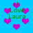 Blue background with pink heart shapes and green text reading "I Love Laura" in pixelated font.
