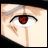 Pixelated close-up of a single eye with red iris and black eyeliner, featuring tears streaming down the cheek on a light background.
