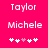 Pixelated text 'Taylor' and 'Michele' on bright pink background with five heart symbols below, where one heart changes color between two views.