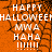 Orange background with black spiderweb pattern, white text reading HAPPY HALLOWEEN MWA HAHA !!!!!!! in pixelated font.